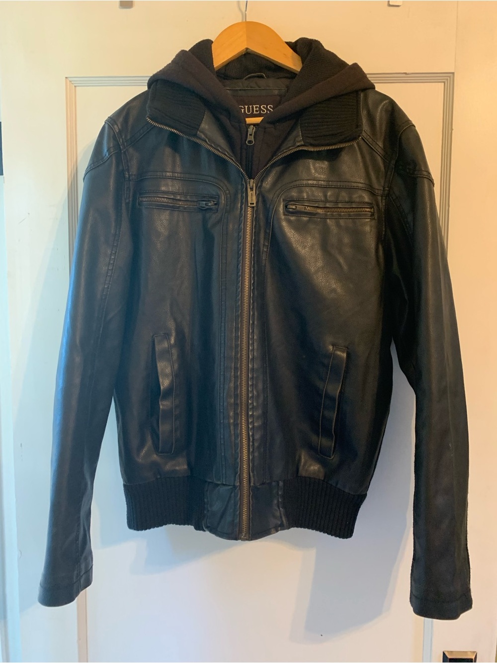 GUESS Brown Leather Bomber Jacket with Hooded Liner